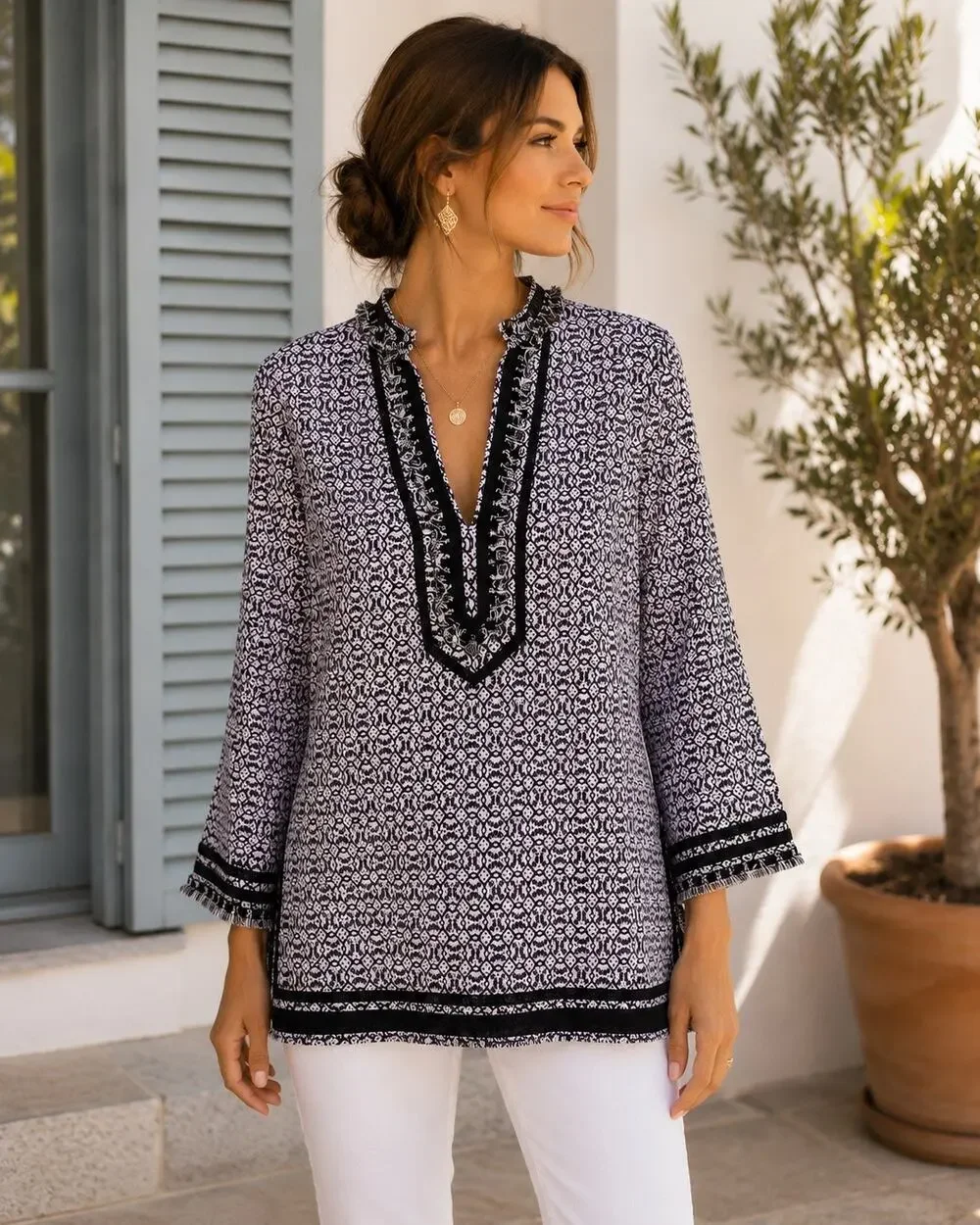 Tory Burch Geometric Fringe Trim Cotton Tunic Blouse Size 6